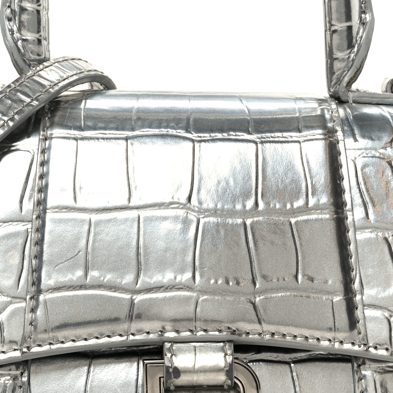 Balenciaga Metallic Calfskin Crocodile Embossed Hourglass Top Handle Bag XS Silver 8 of 10
