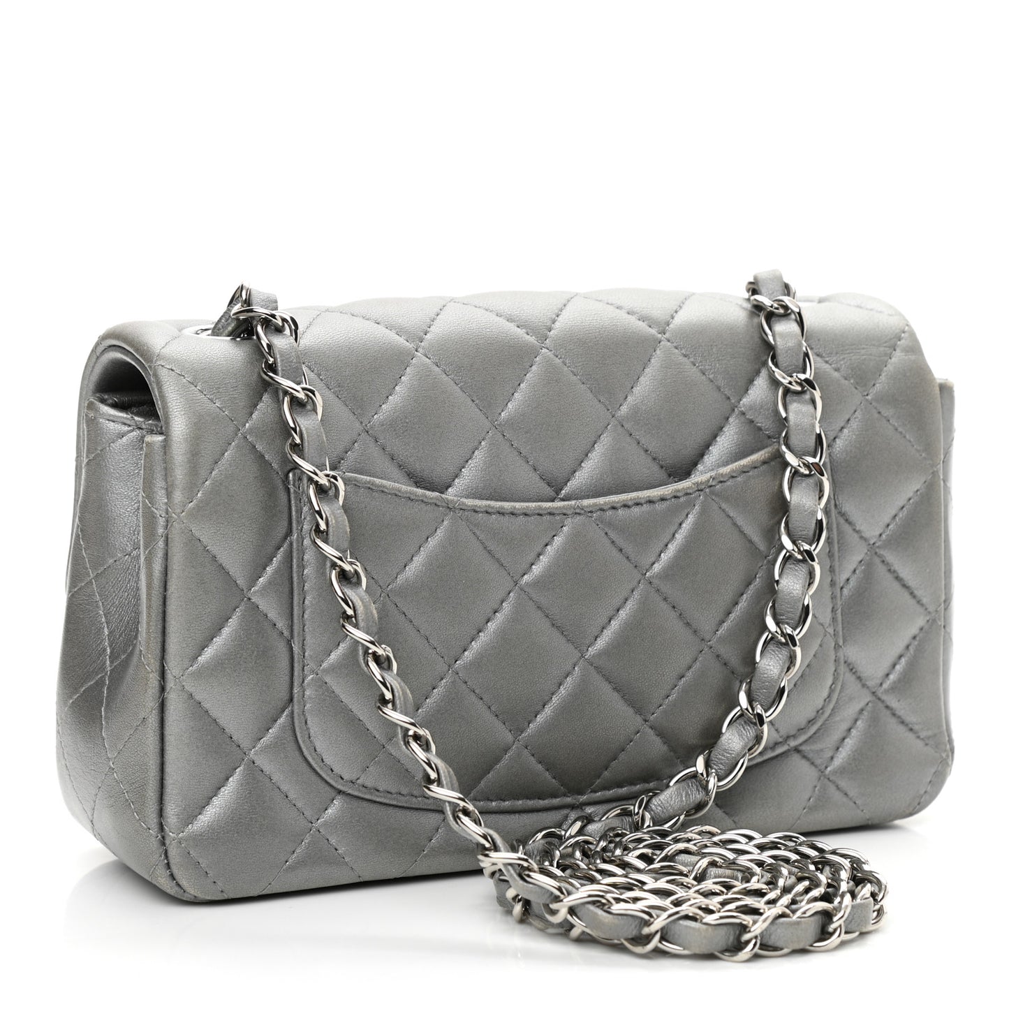 Metallic Lambskin Quilted Mini Rectangular Flap Silver