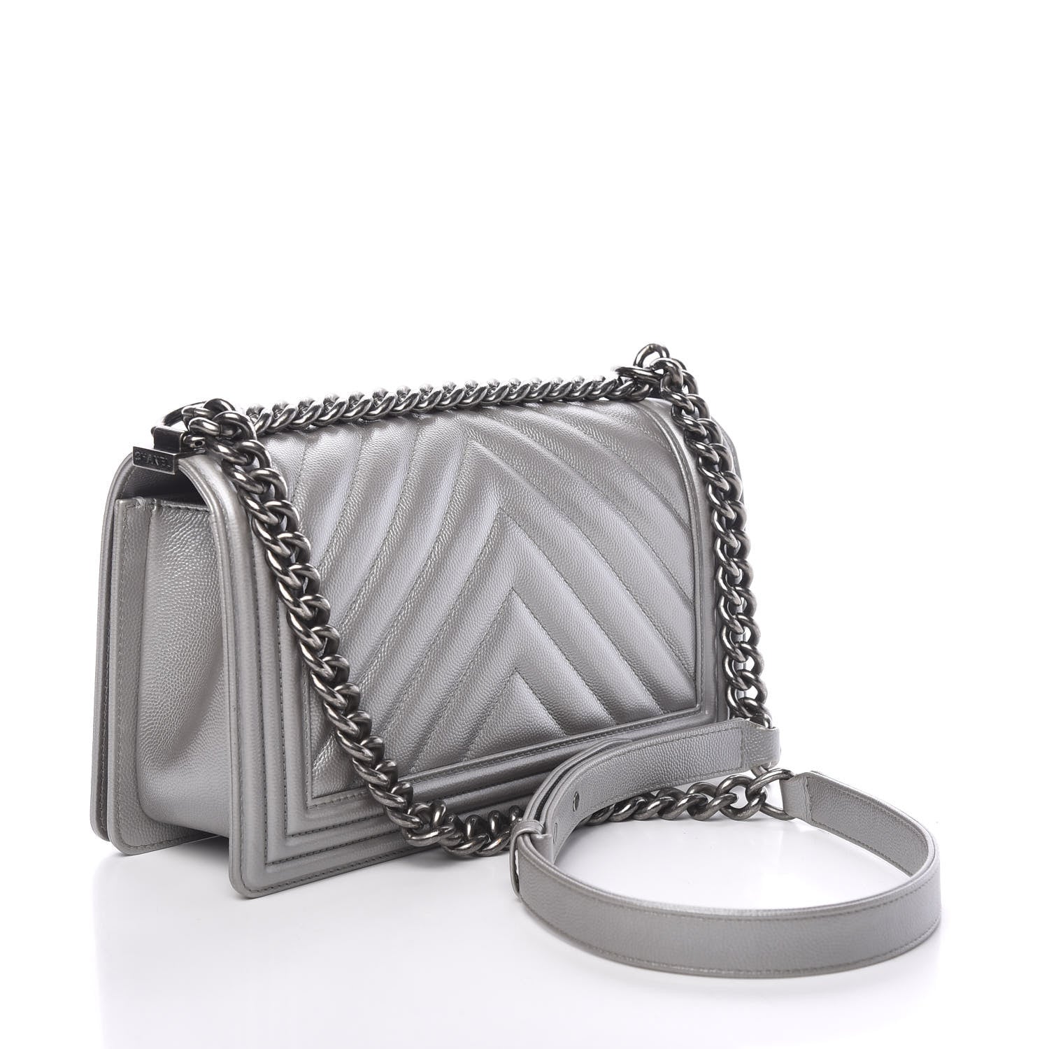 Chanel Metallic Caviar Chevron Quilted Medium Boy Flap Silver 2 of 11