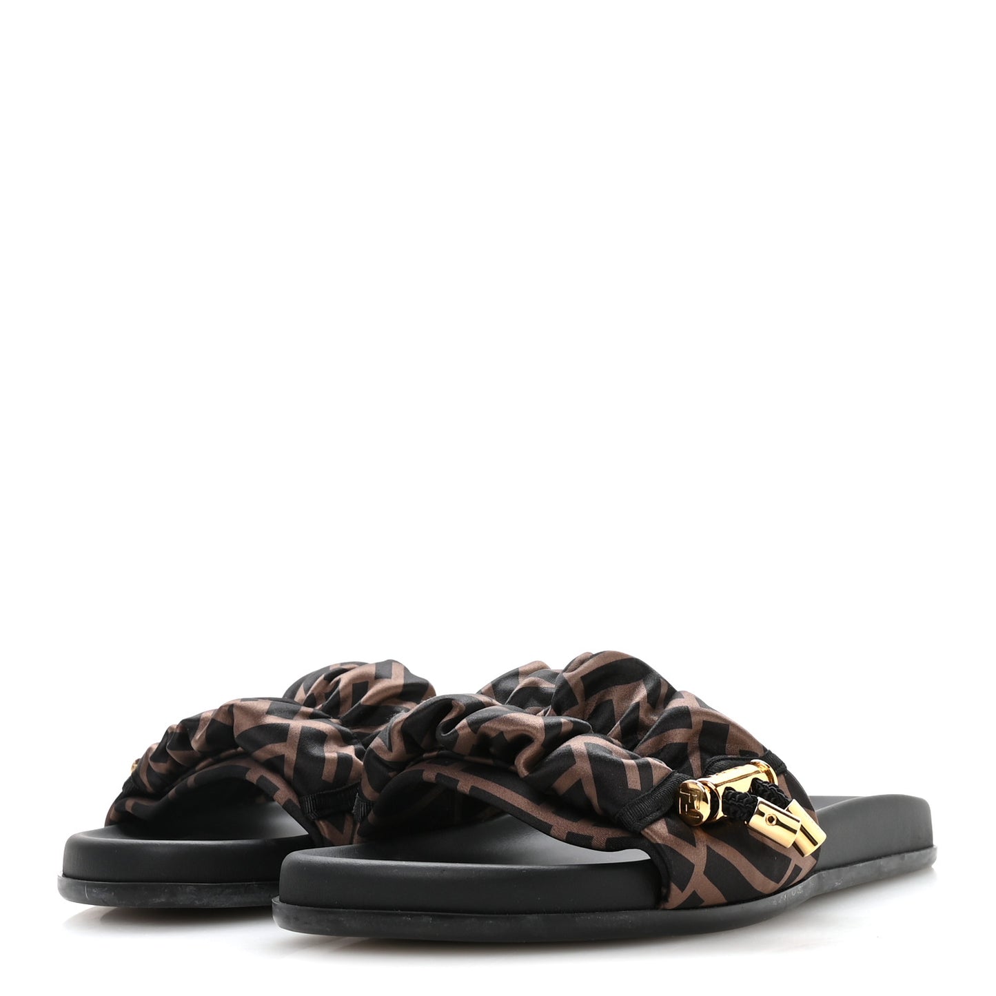 Satin FF Fendi Feel Slide Sandals 37 Tobacco Black