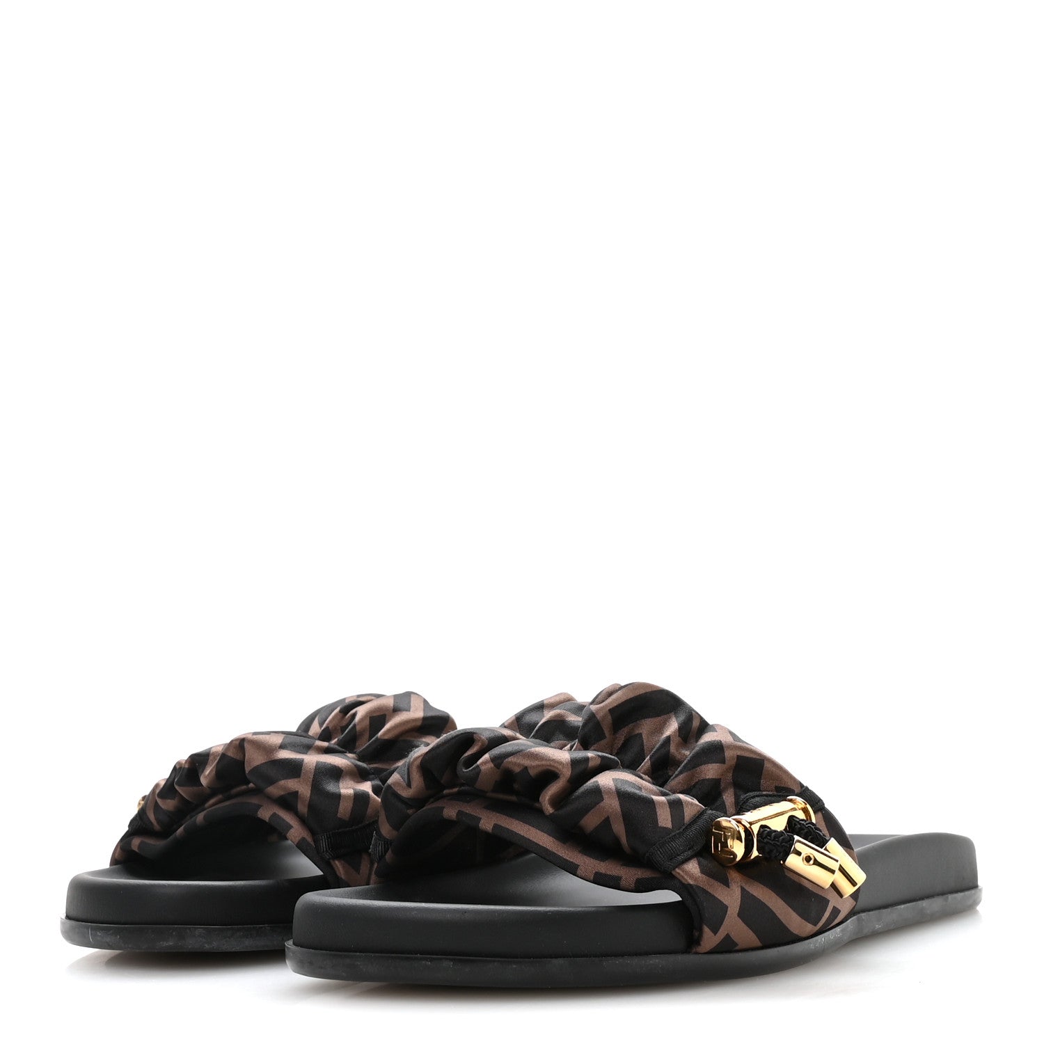 Fendi Satin FF Fendi Feel Slide Sandals 37 Tobacco Black 4 of 7