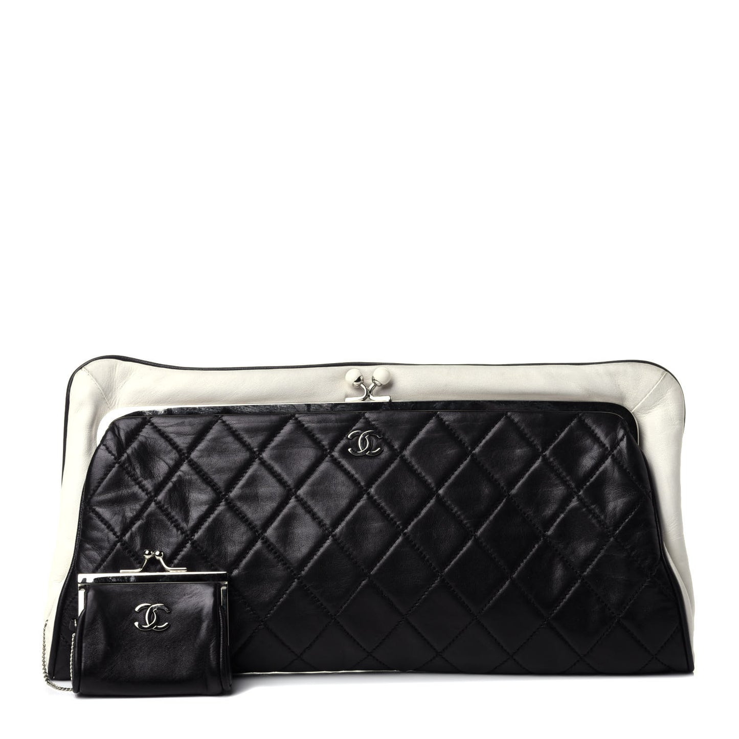 Lambskin Quilted Pearl Kiss Lock Clutch Black White