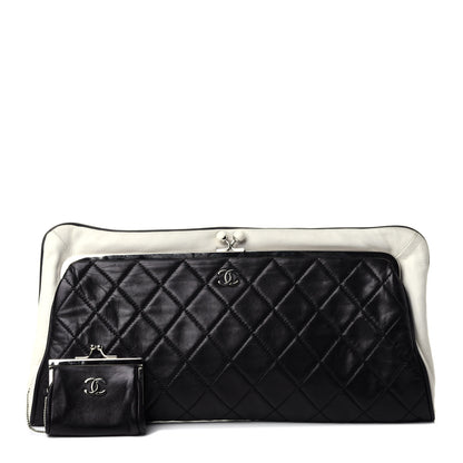 Chanel Lambskin Quilted Pearl Kiss Lock Clutch Black White 1 of 4