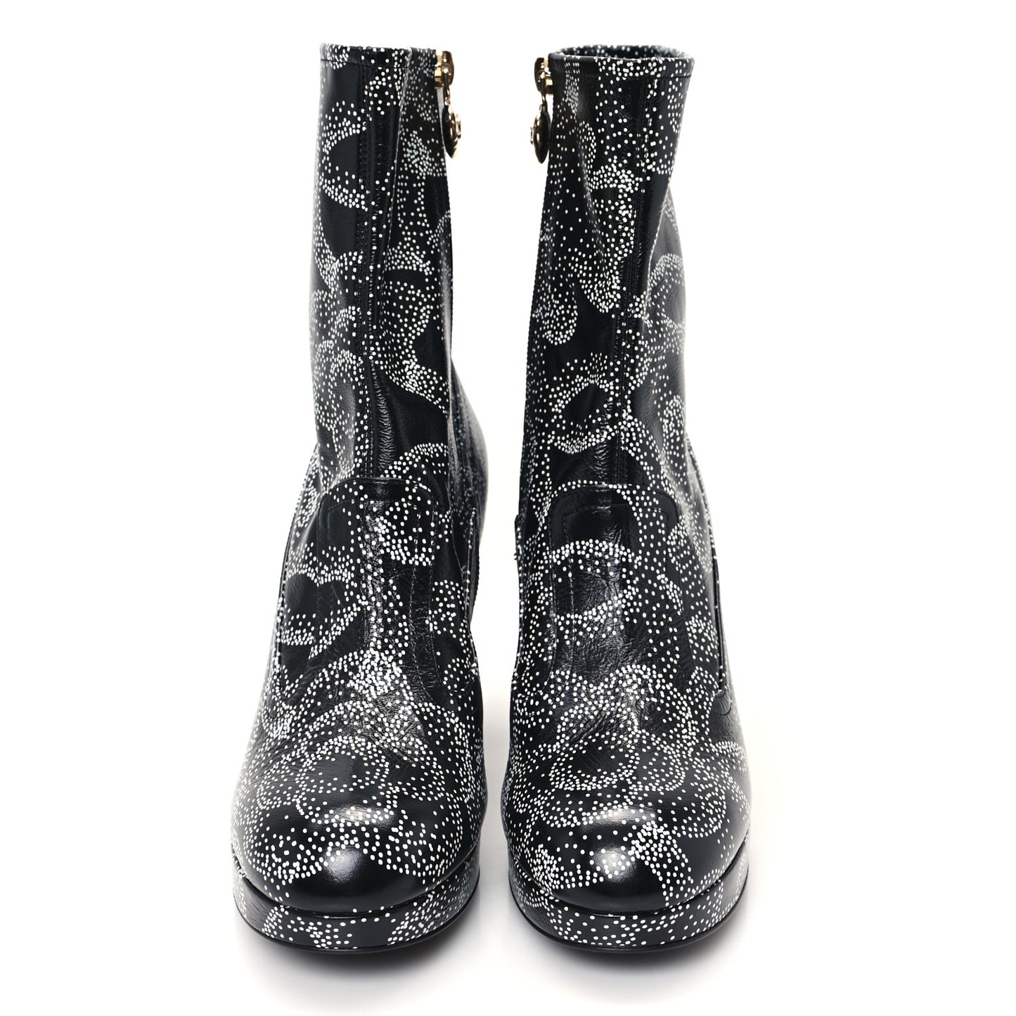 Calfskin Camellia Printed Ankle Boots 38.5 Black White