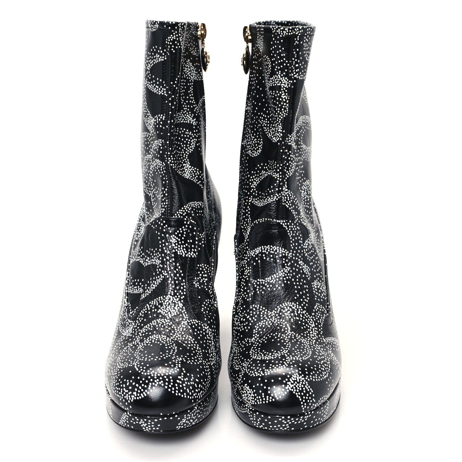 Chanel Calfskin Camellia Printed Ankle Boots 38.5 Black White 3 of 11