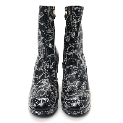 Chanel Calfskin Camellia Printed Ankle Boots 38.5 Black White 3 of 11