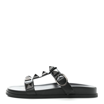 Valentino Garavani Calfskin Roman Stud Slide Sandals 37.5 Black 1 of 9