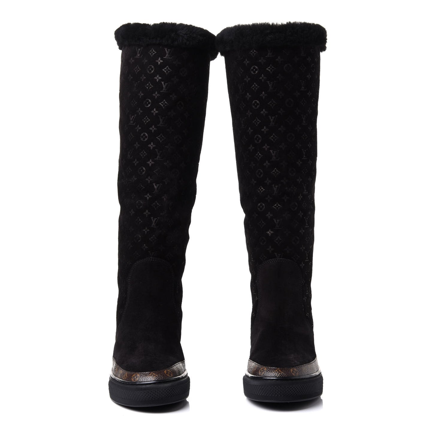 Suede Calfskin Monogram Embossed Snowball Flat Half Boots 35.5 Black