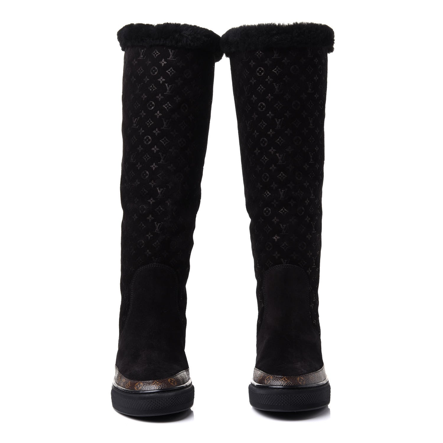Louis Vuitton Suede Calfskin Monogram Embossed Snowball Flat Half Boots 35.5 Black 2 of 8