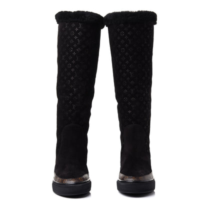 Louis Vuitton Suede Calfskin Monogram Embossed Snowball Flat Half Boots 35.5 Black 2 of 8