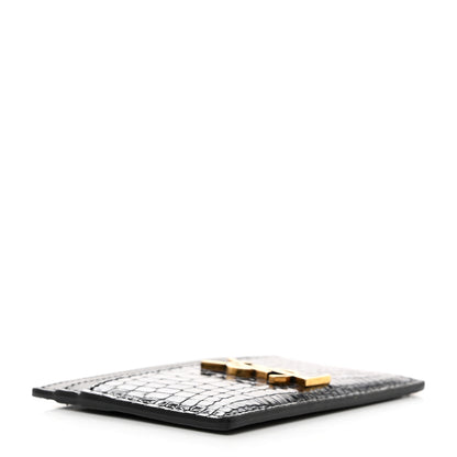 Saint Laurent Calfskin Crocodile Embossed Monogram Credit Card Case Blue 4 of 8