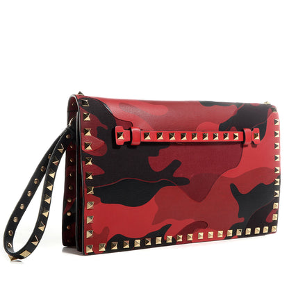 Valentino Garavani Nappa Canvas Camouflage Rockstud Wristlet Clutch Red Black 3 of 8