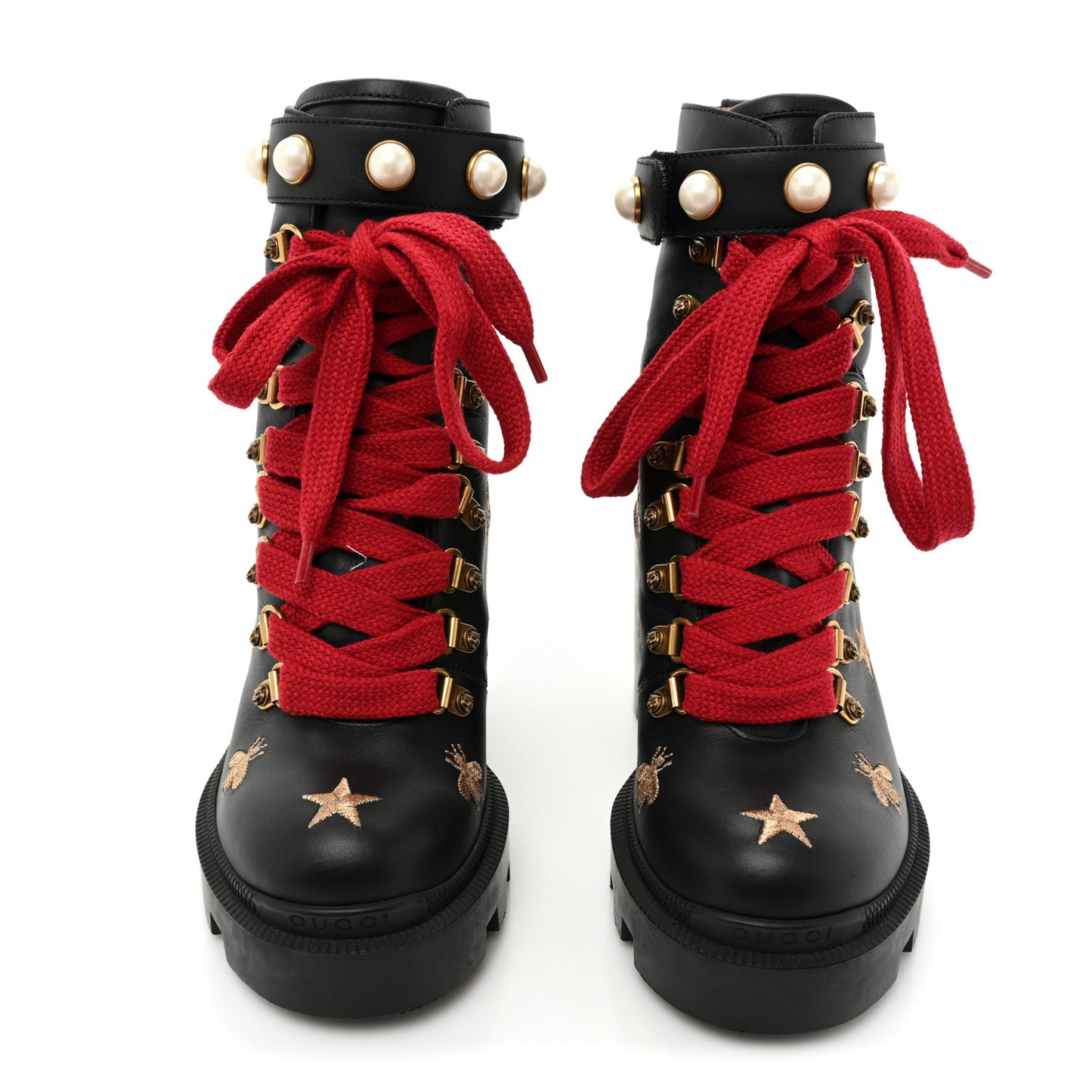Calfskin Embroidered Lace Up Combat Ankle Boots 35.5 Black
