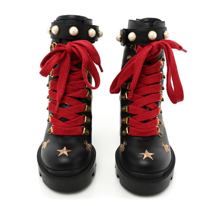 Gucci Calfskin Embroidered Lace Up Combat Ankle Boots 35.5 Black 2 of 9