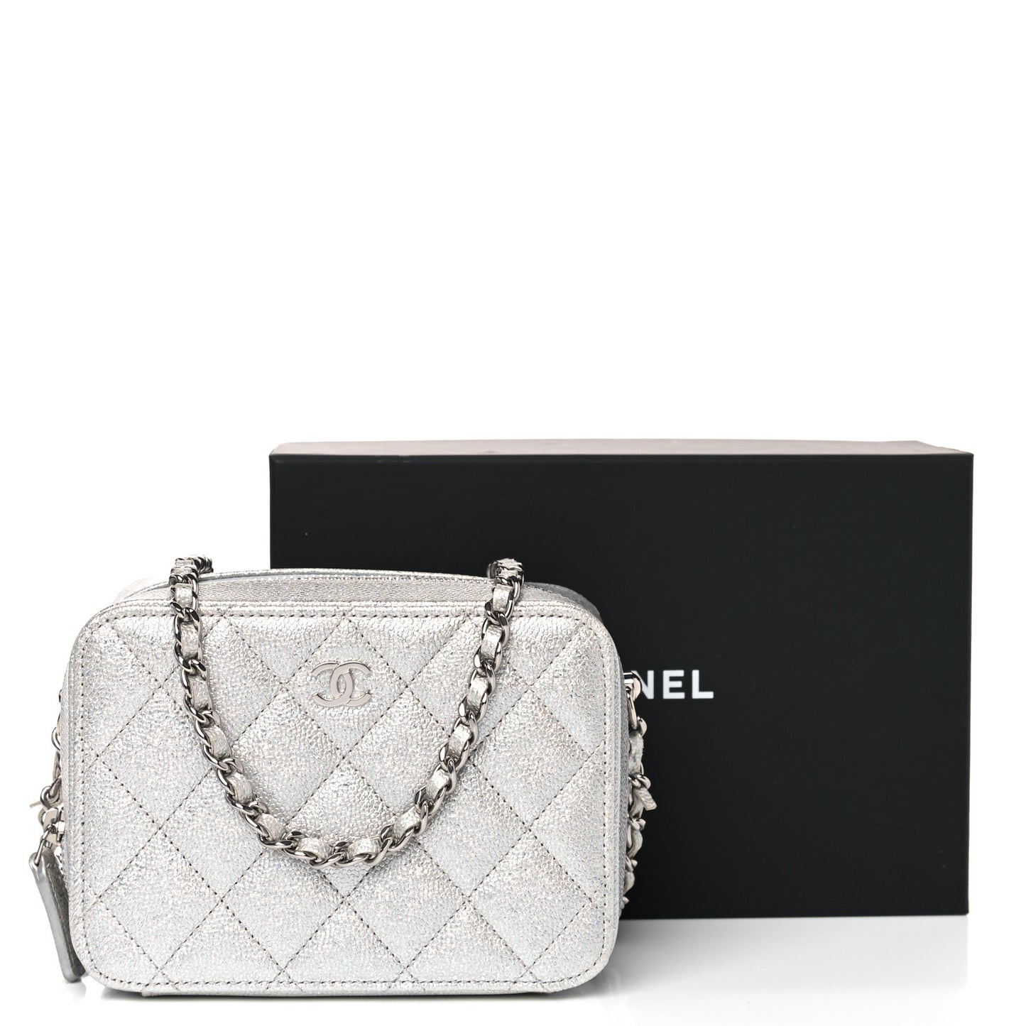 Metallic Caviar Quilted Camera Bag Silver