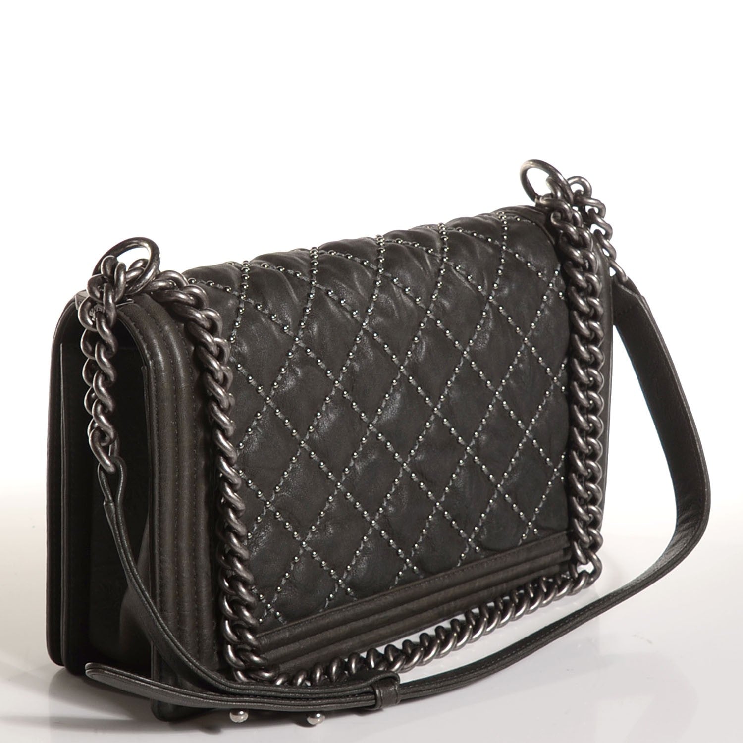 Chanel Crumpled Lambskin Large Studded Boy Flap Dark Gray 3 of 8
