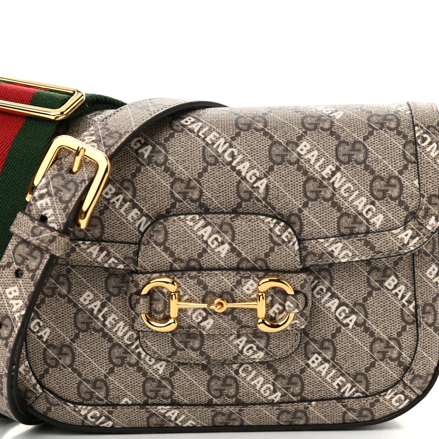 X BALENCIAGA GG Supreme Monogram Web Logo Print Mini Horsebit 1955 Shoulder Bag Beige Ebony
