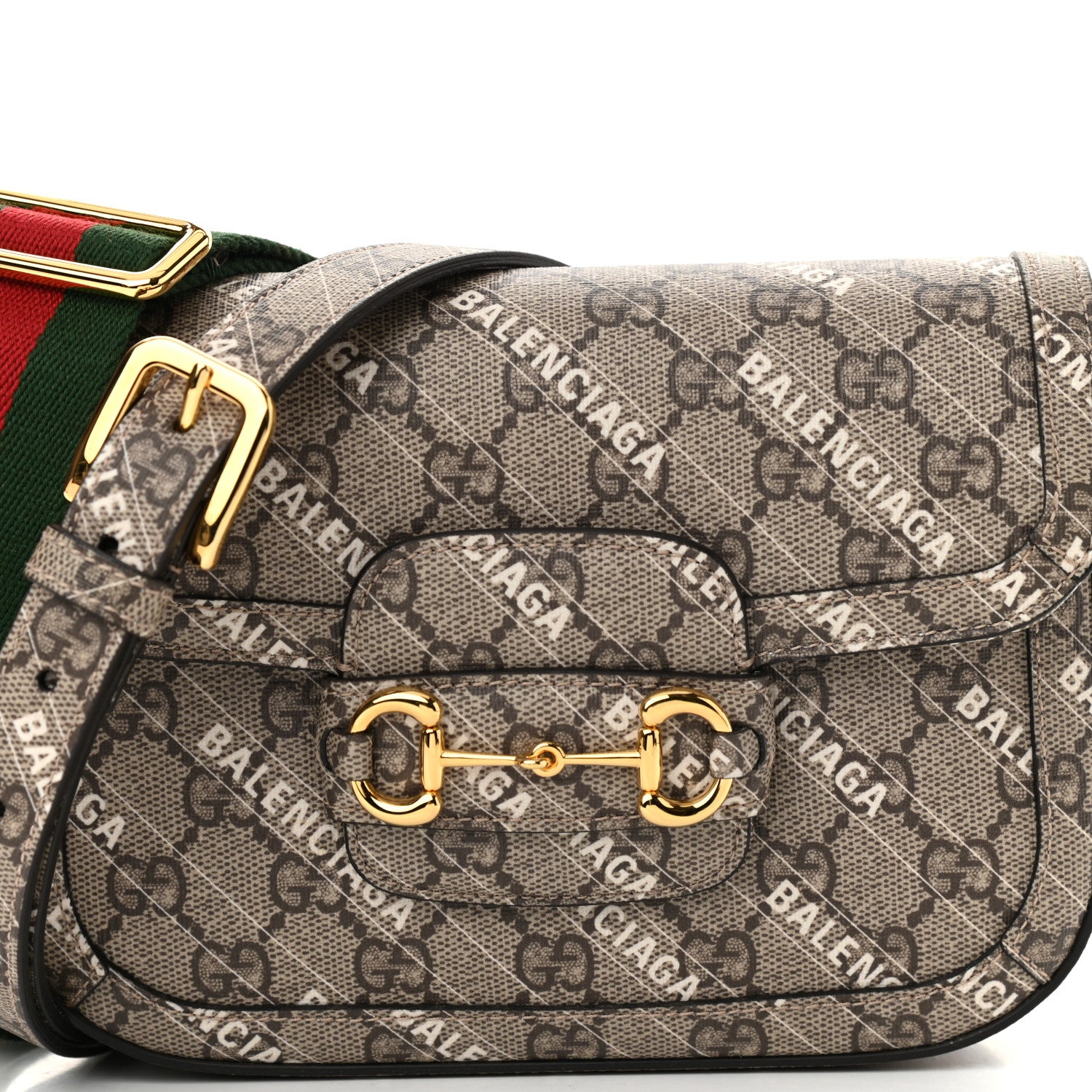 Gucci X BALENCIAGA GG Supreme Monogram Web Logo Print Mini Horsebit 1955 Shoulder Bag Beige Ebony 8 of 10