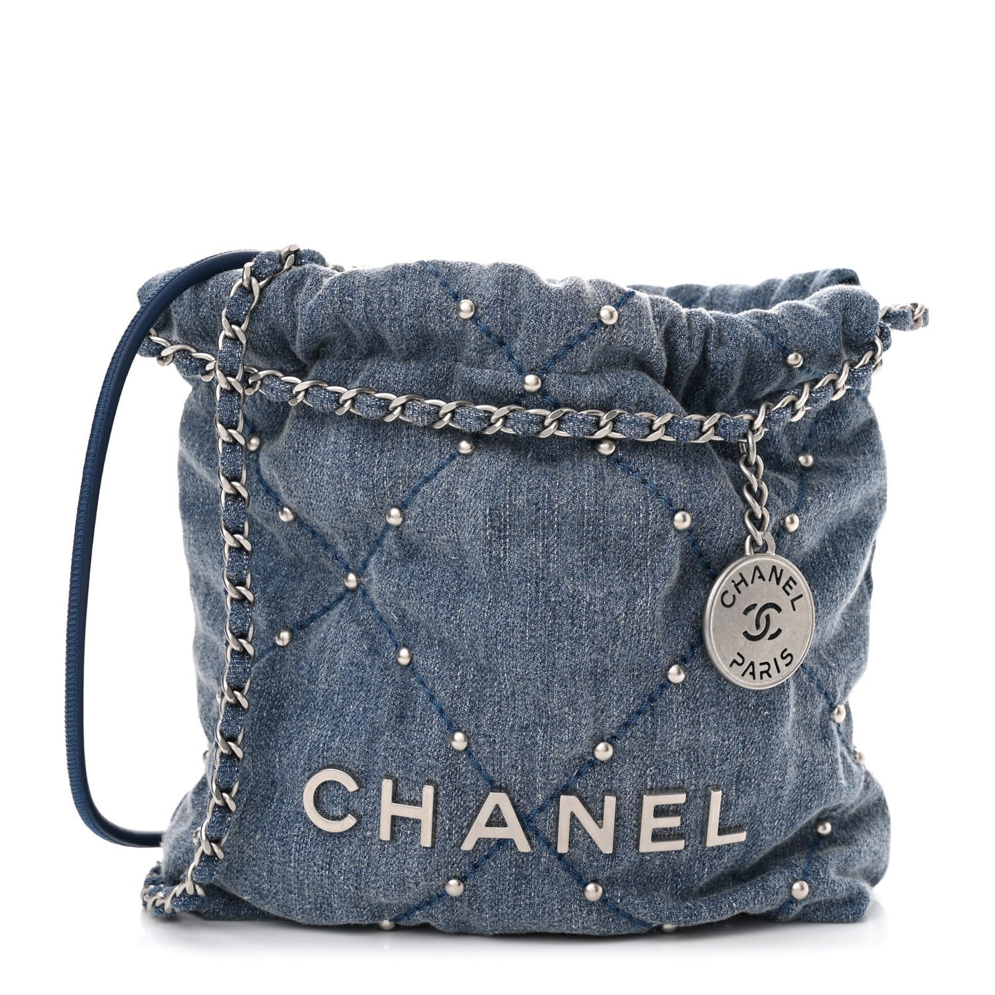 Washed Denim Quilted Studded Mini Chanel 22 Blue