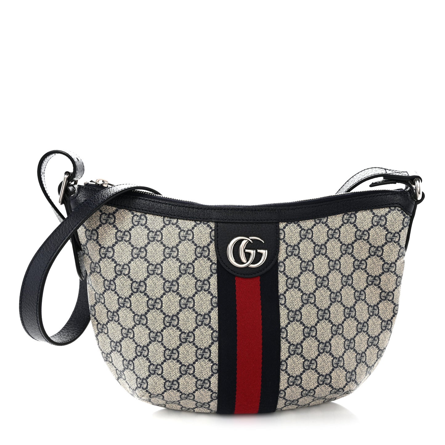 GG Supreme Monogram Textured Dollar Calfskin Web Small Ophidia Half Moon Hobo Beige Blue