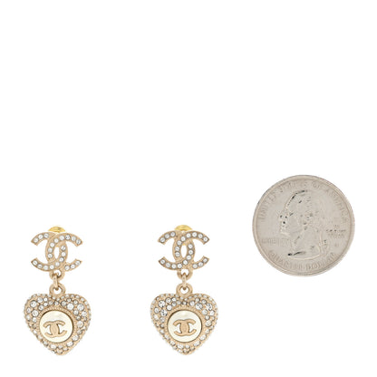 Chanel Pearl Crystal CC Heart Drop Earrings Gold White 2 of 5