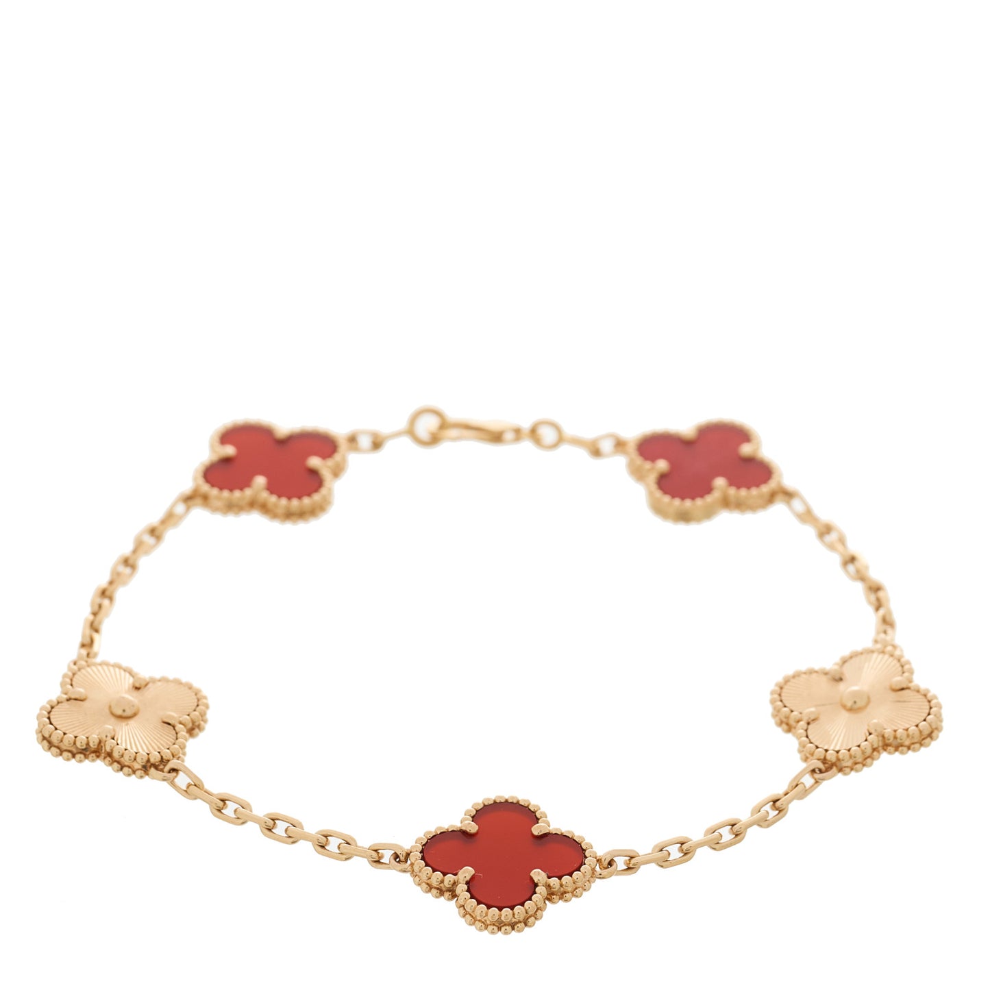 18K Rose Gold Carnelian 5 Motifs Guilloche Vintage Alhambra Bracelet