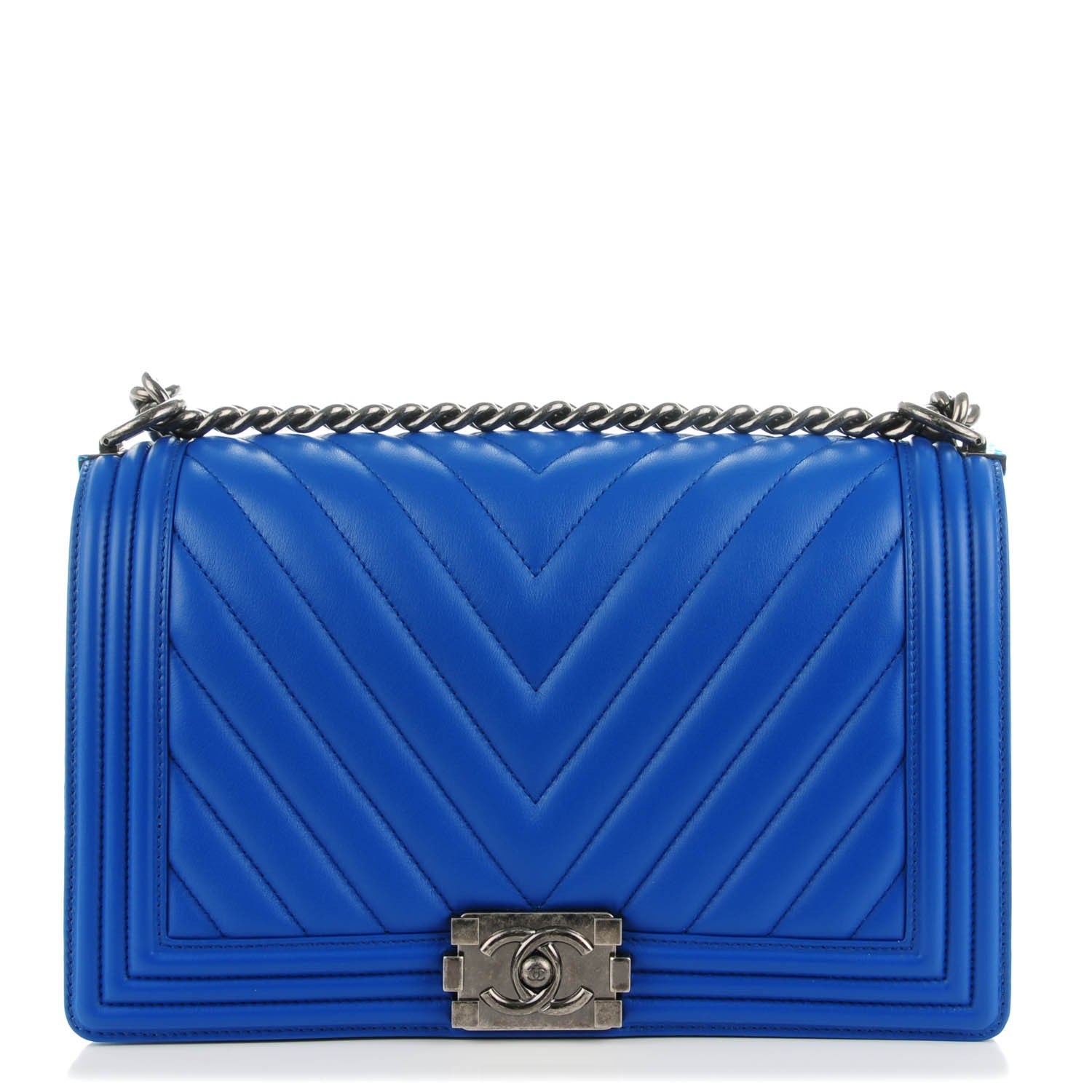 Chanel Calfskin Chevron Quilted New Medium Boy Flap Bright Blue 1 of 8