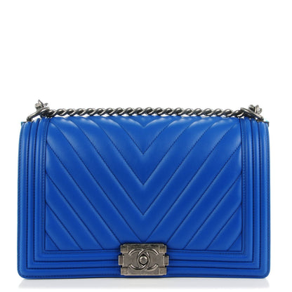 Chanel Calfskin Chevron Quilted New Medium Boy Flap Bright Blue 1 of 8