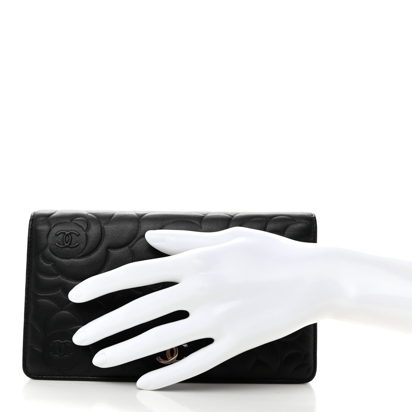 Lambskin Camellia Embossed Yen Wallet Black