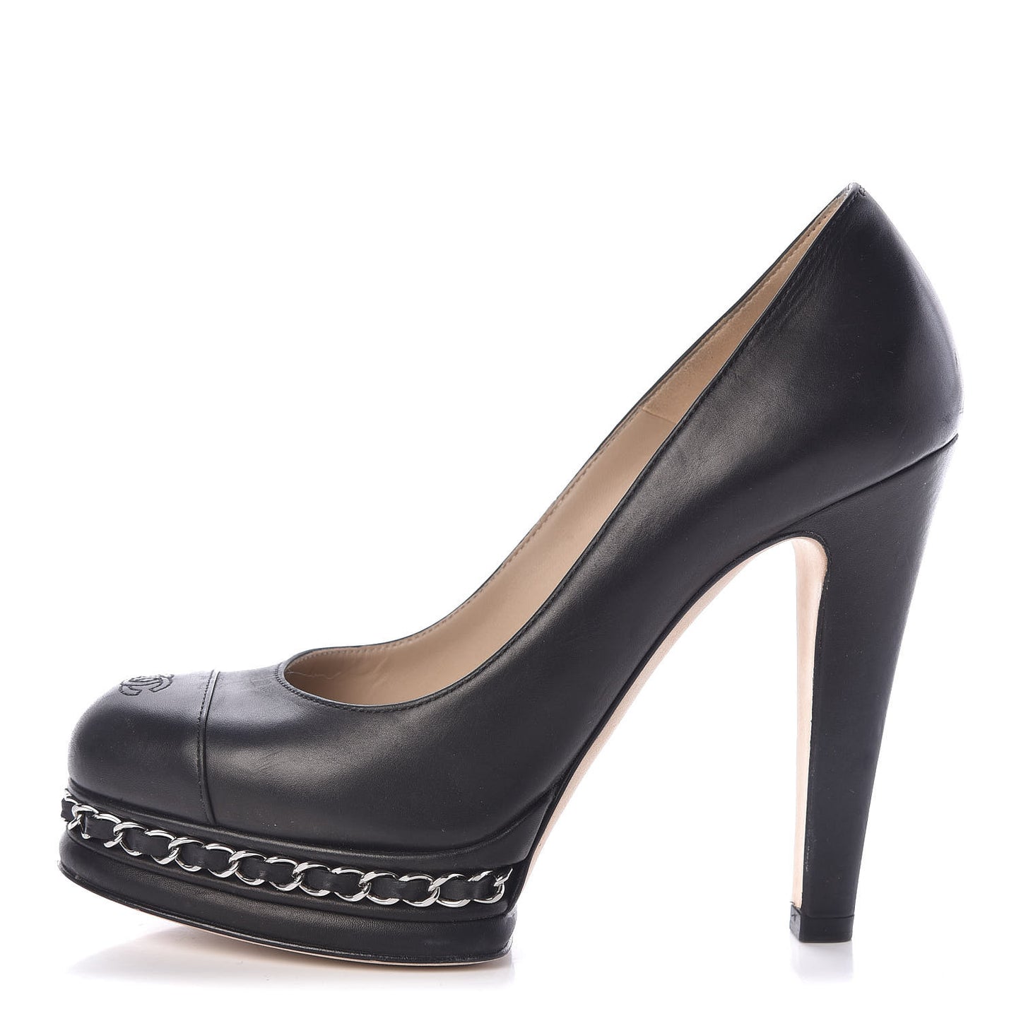 Lambskin CC Cap Toe Platform Chain Pumps 35.5 Black