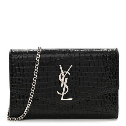 Saint Laurent Calfskin Crocodile Embossed Monogram Uptown Chain Wallet Black 2 of 14