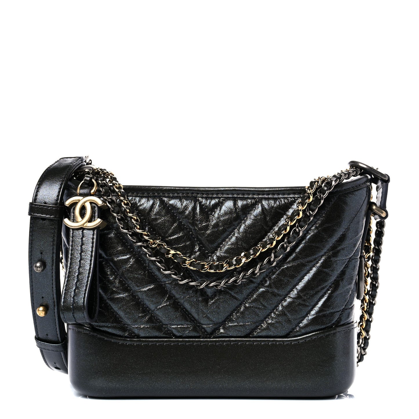 Metallic Aged Calfskin Chevron Quilted Small Gabrielle Hobo Dark Grey