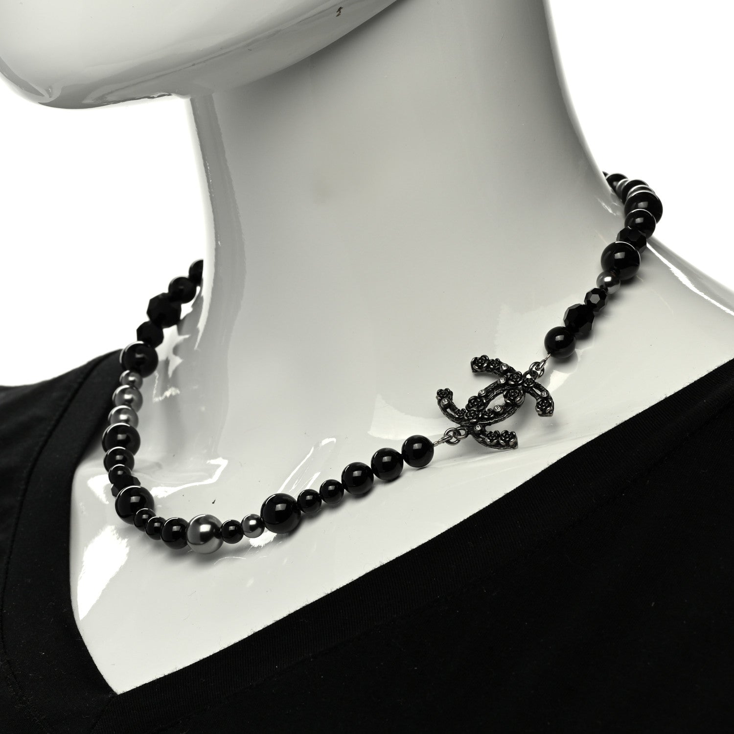 Chanel Pearl Crystal CC Camellia Necklace Ruthenium Black 2 of 7