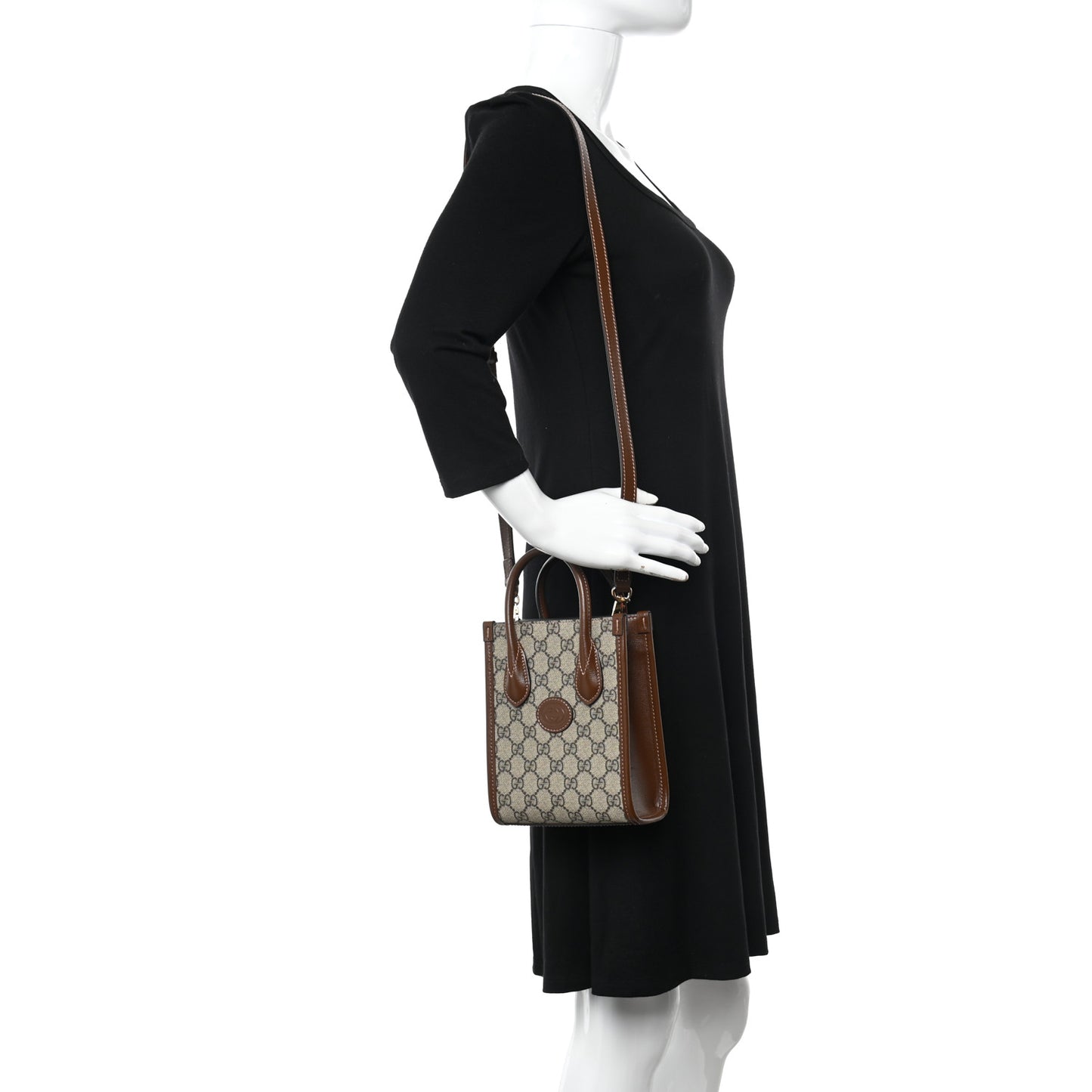 GG Supreme Monogram Azalea Calfskin Mini Retro Interlocking G Tote Bag Beige Ebony Brown Sugar