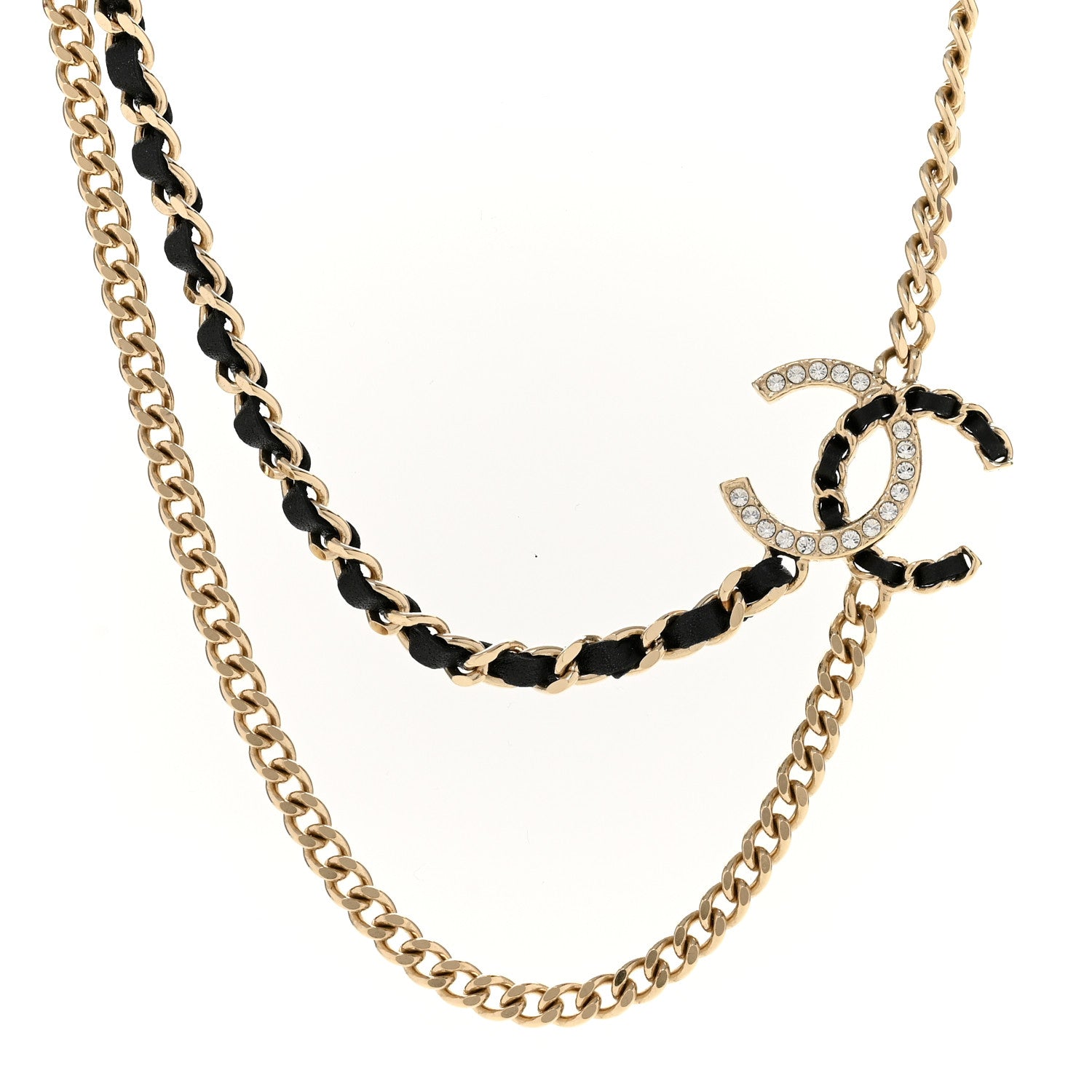 Chanel Metal Calfskin Crystal CC Chain Necklace Black Gold 4 of 7