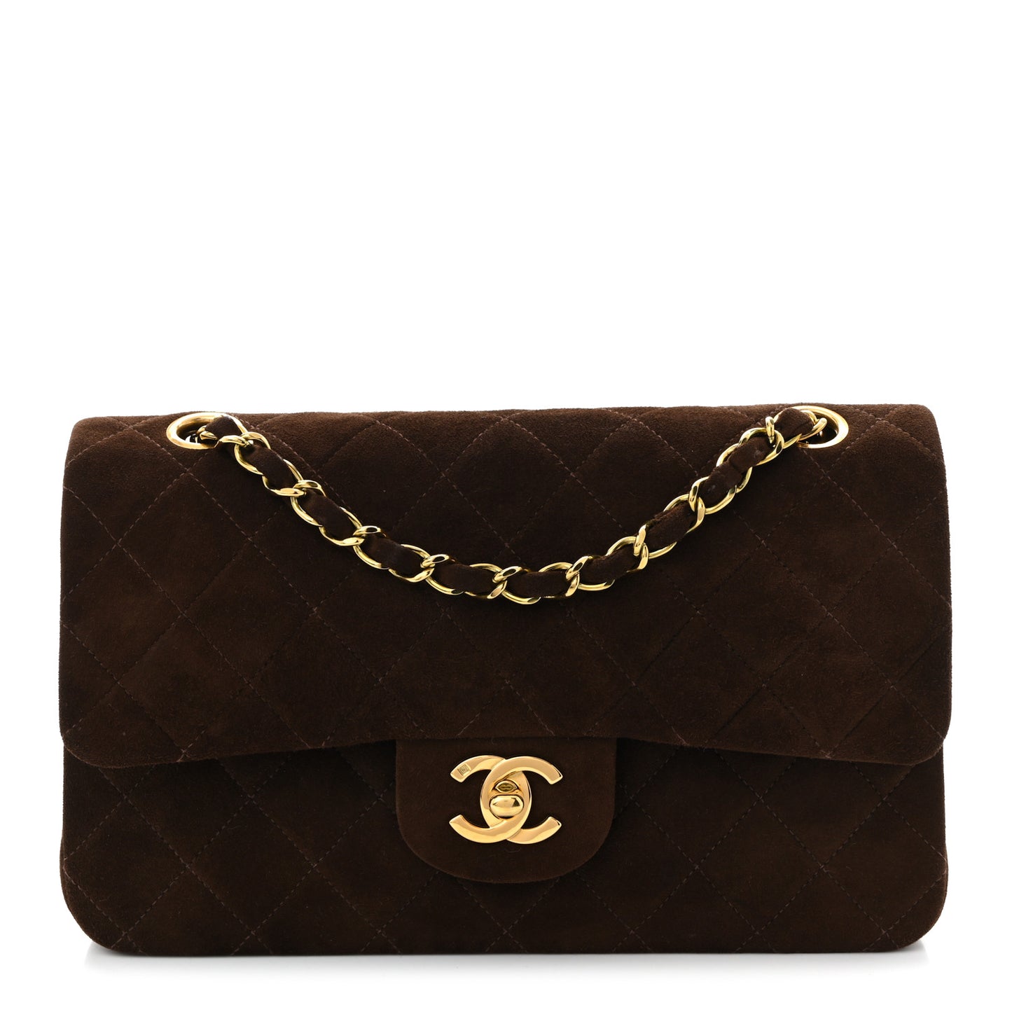 Suede Quilted Small Double Flap Dark Brown