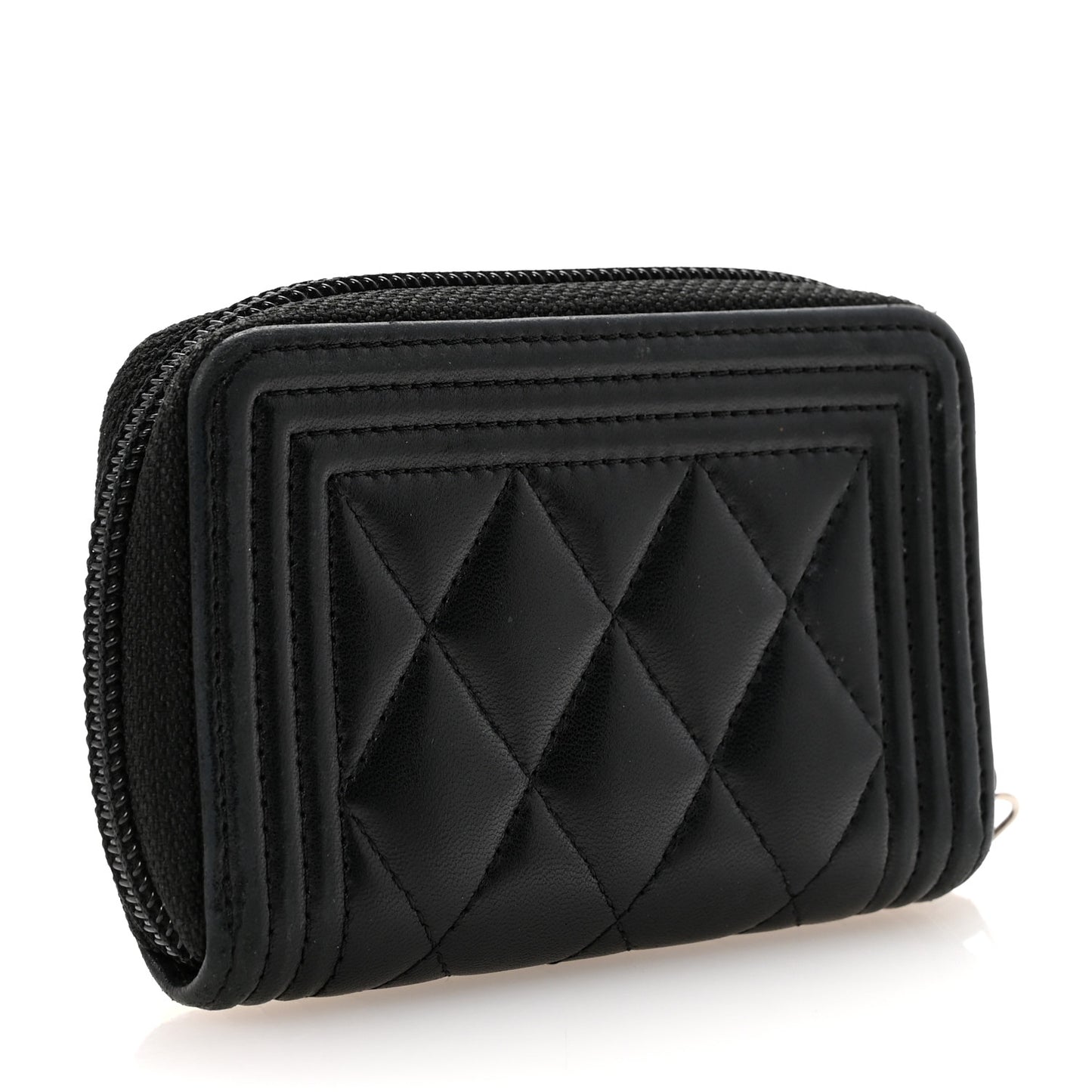 Lambskin Quilted Zip Around Boy Coin Purse Wallet Black Black