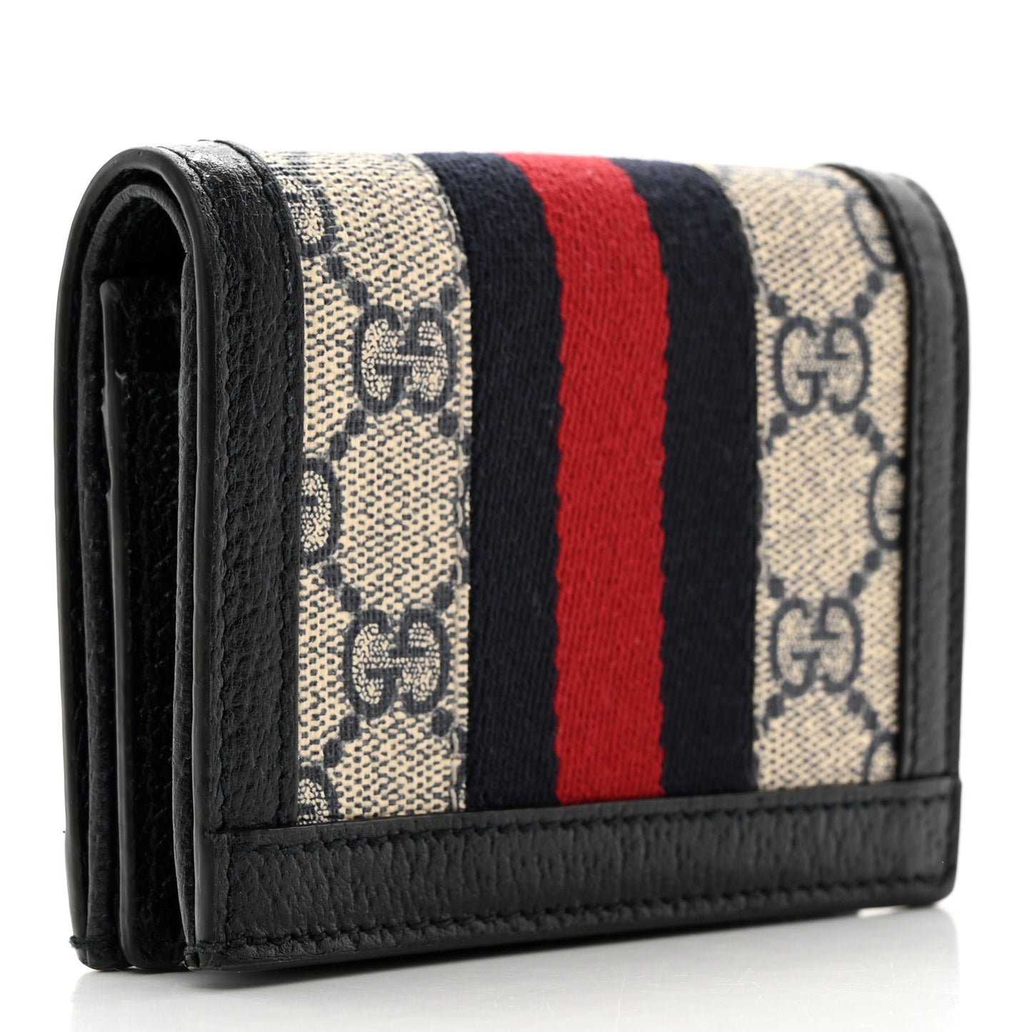 GG Supreme Monogram Textured Dollar Calfskin Web Ophidia Card Case Beige Blue