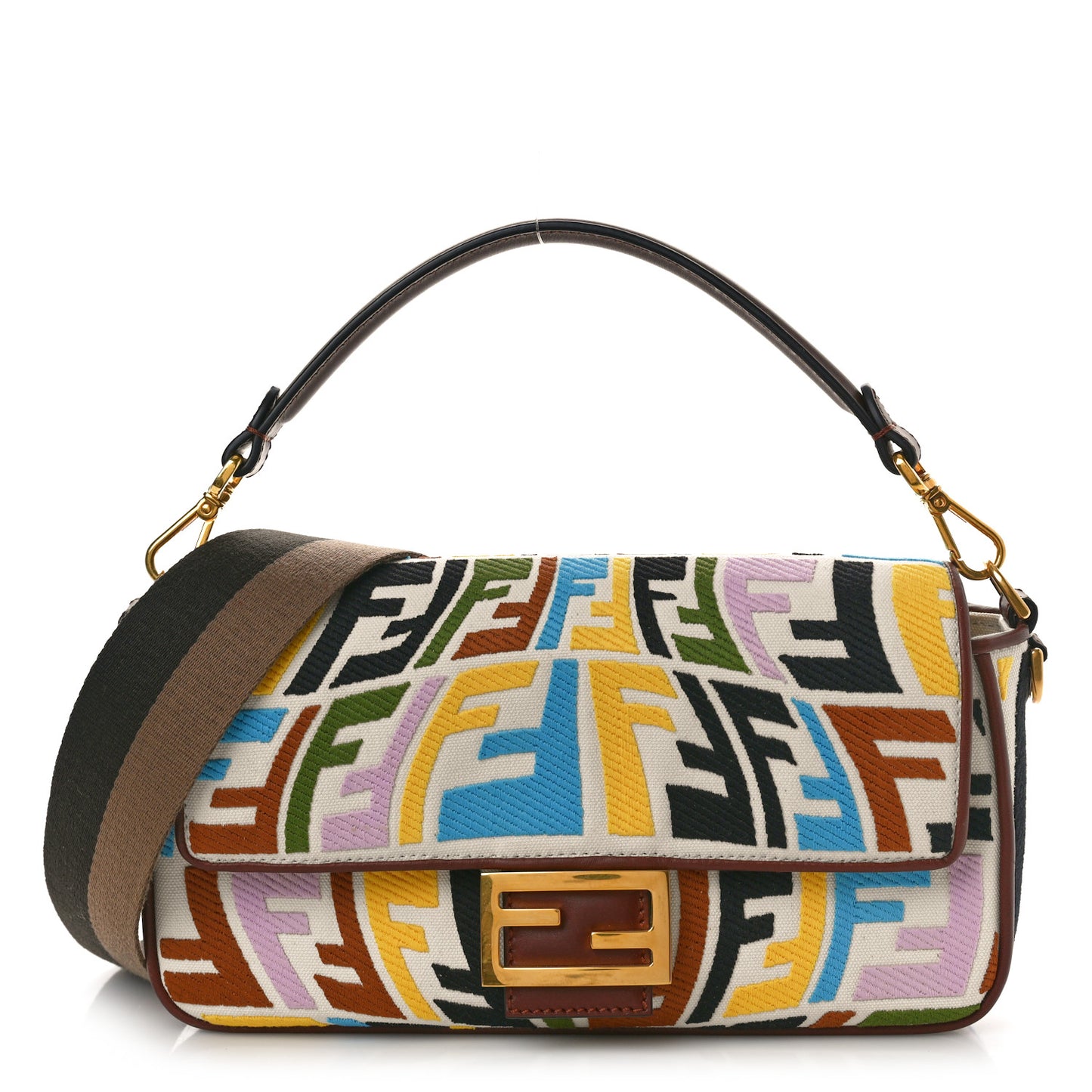 X SARA COLEMAN Canvas Vitello King Seta FF Fish Eye Embroidered Baguette Grezzo Multicolor Ghianda