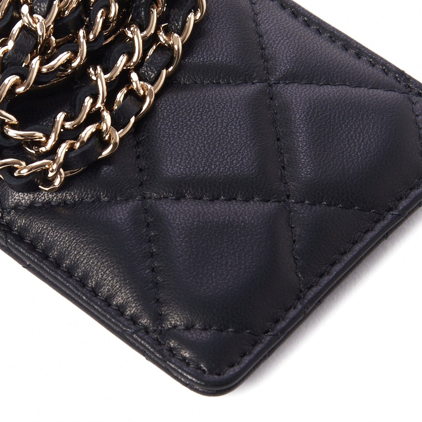 Lambskin Quilted Glitter Card Holder On Chain Black