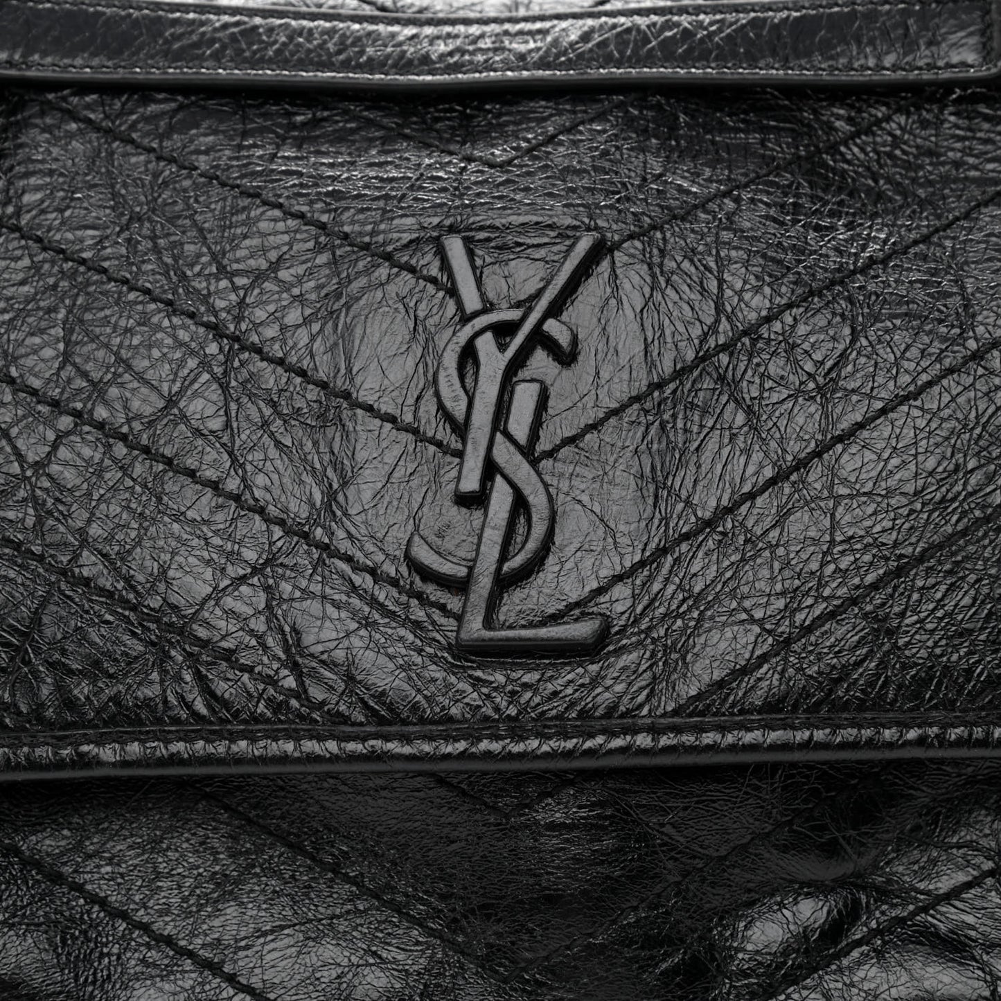 Crinkled Calfskin Matelasse Monogram Medium Niki Chain Satchel Black