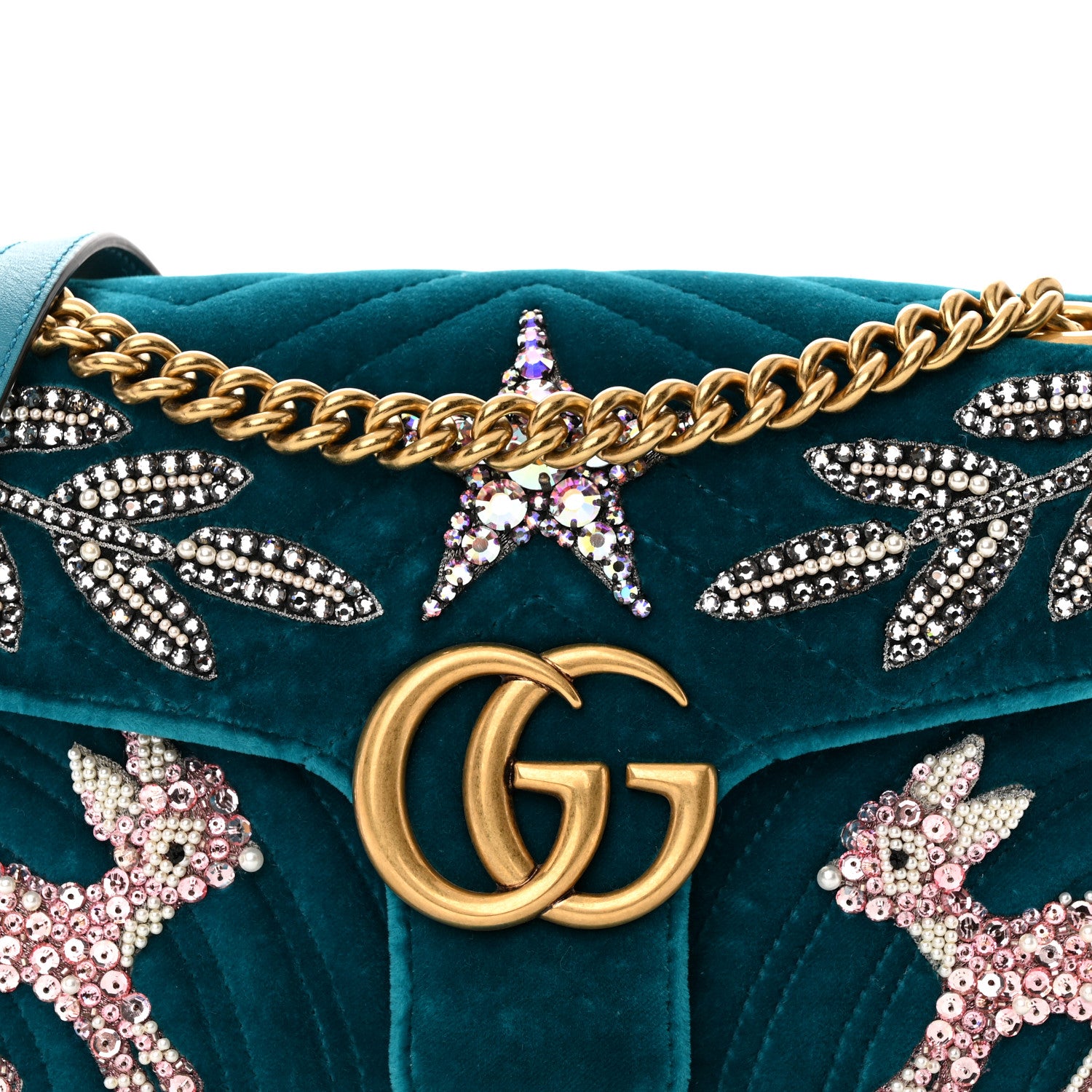 Gucci Velvet Matelasse Embroidered Small GG Marmont Shoulder Bag Pavone Cyan 9 of 14