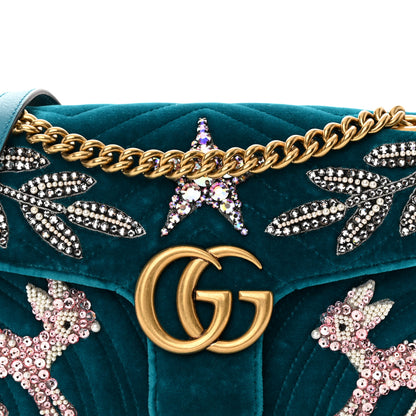 Gucci Velvet Matelasse Embroidered Small GG Marmont Shoulder Bag Pavone Cyan 9 of 14