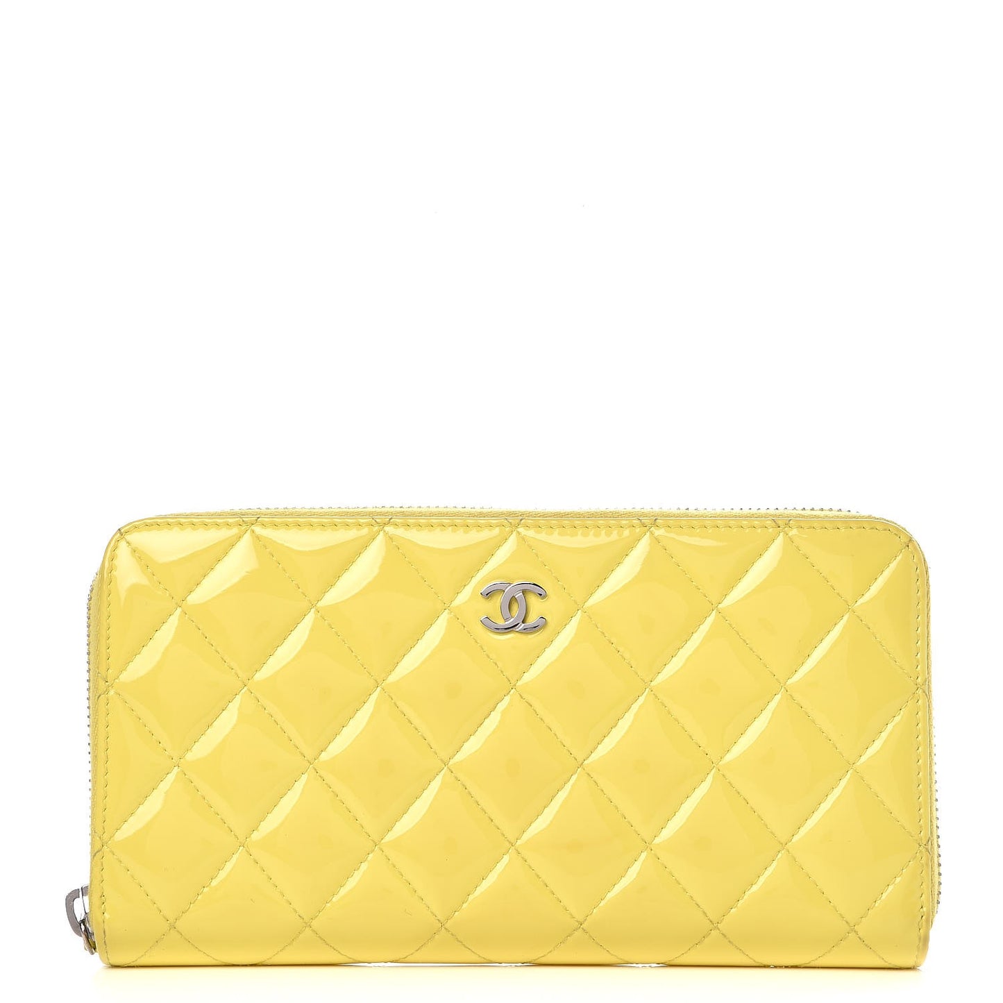 Patent Calfskin Quilted Large Gusset Zip Around Wallet Yellow