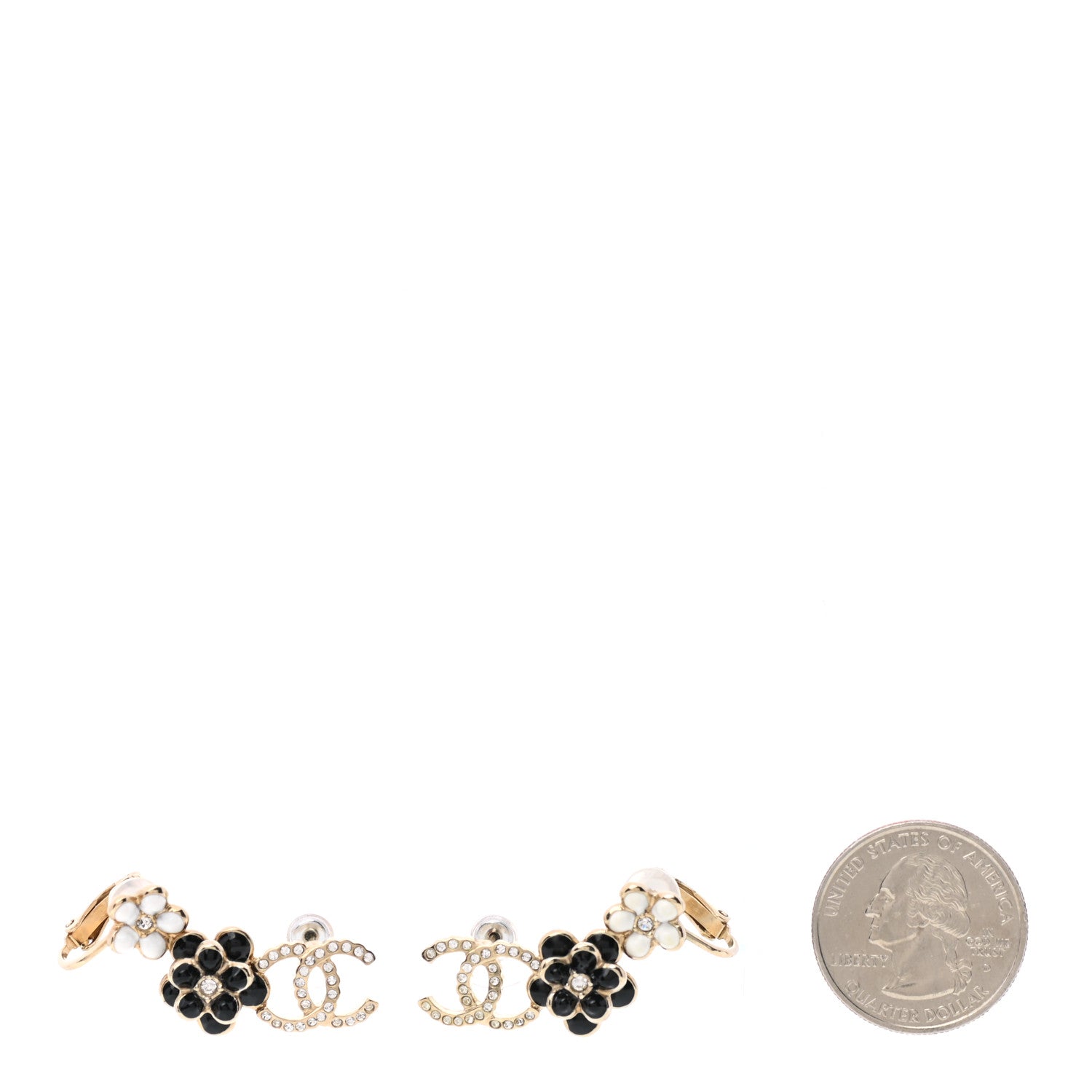 Chanel Crystal Enamel Flower CC Earrings Gold White Black 2 of 5