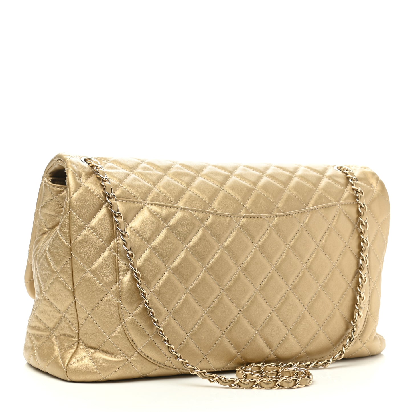 Metallic Calfskin Quilted Small XXL Travel Flap Bag Gold