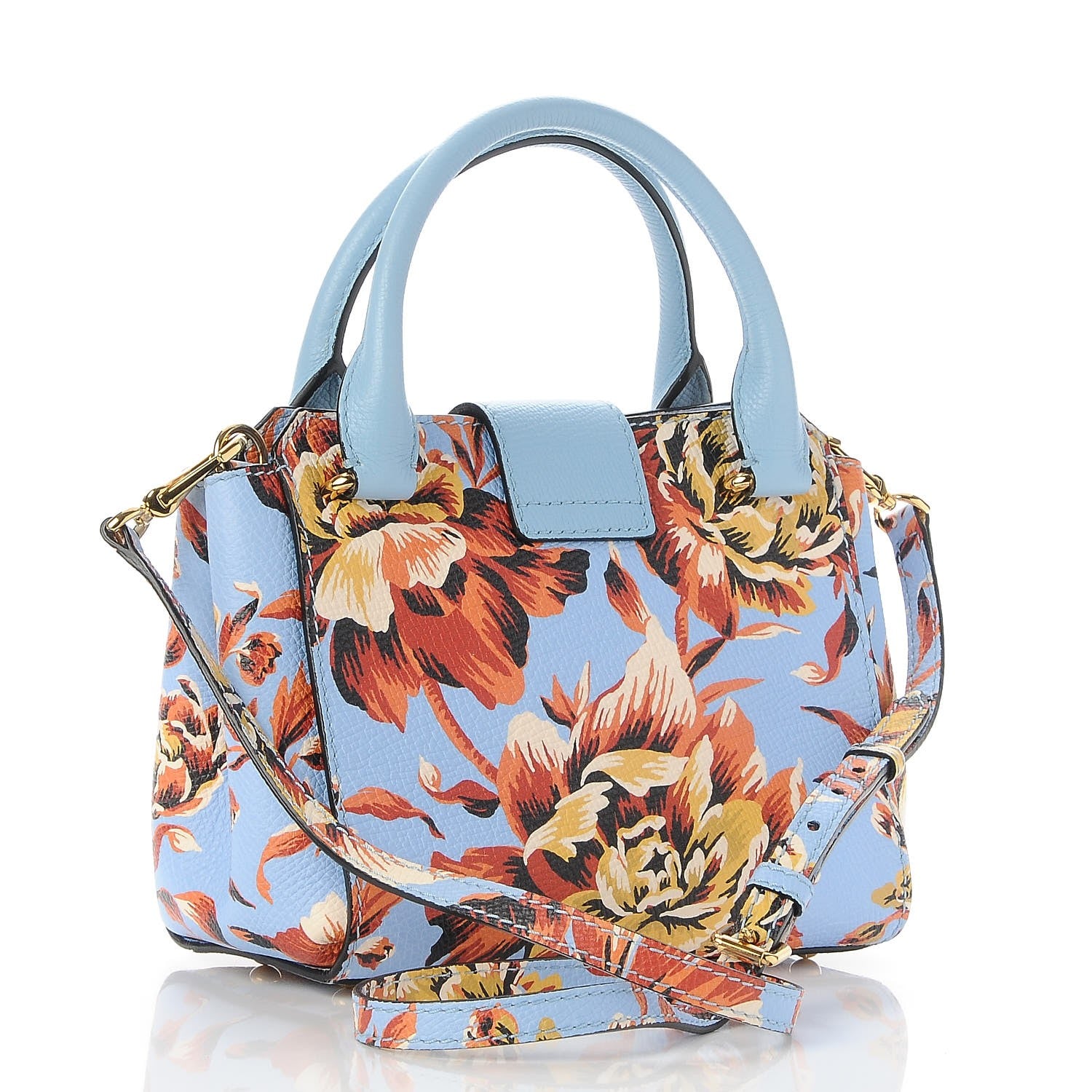 Burberry Soft Grain Calfskin Floral Print Small Buckle Tote Peony Rose Pale Blue Vibrant Orange 6 of 11