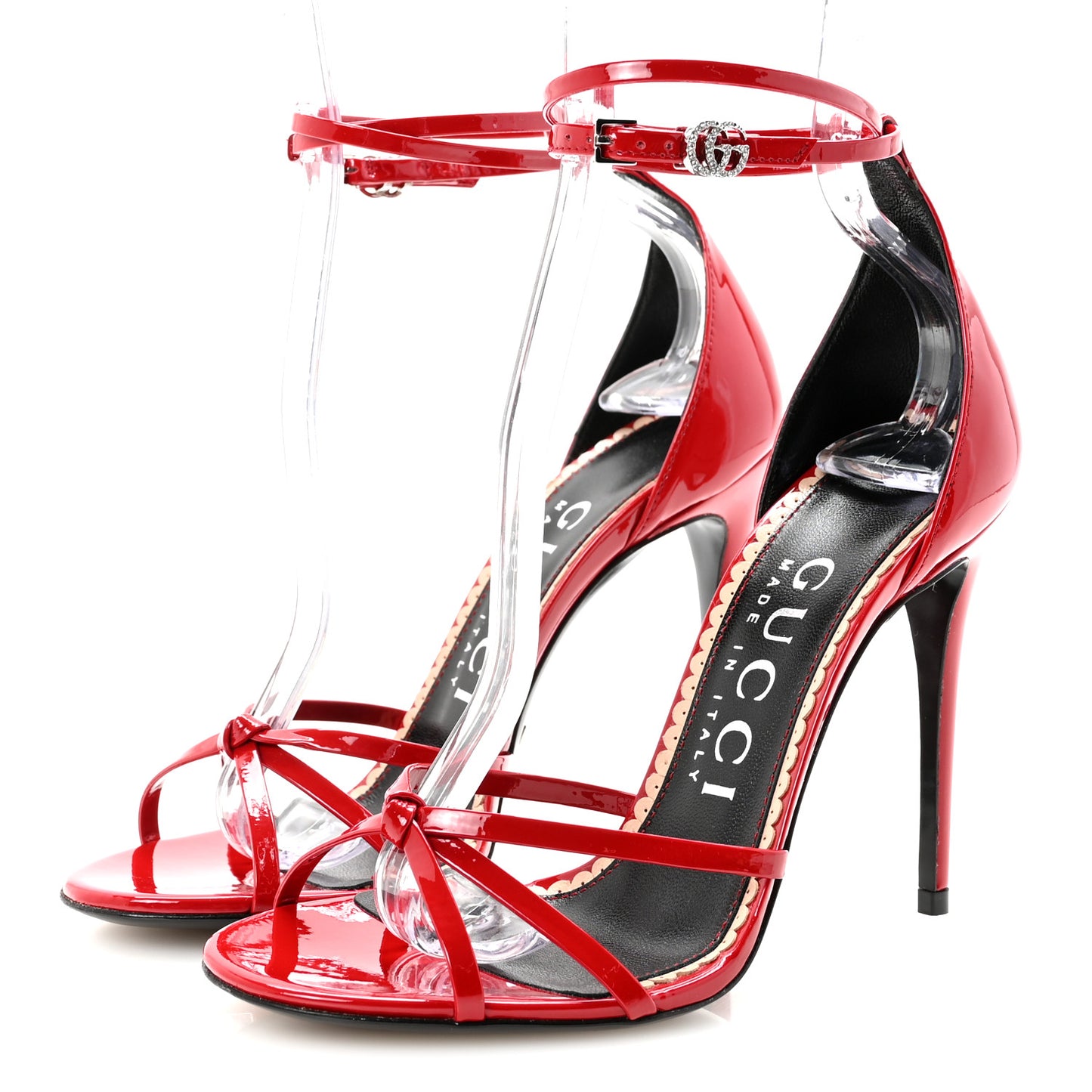 Patent Crystal Double G Ankle Wrap Sandals 37 Red