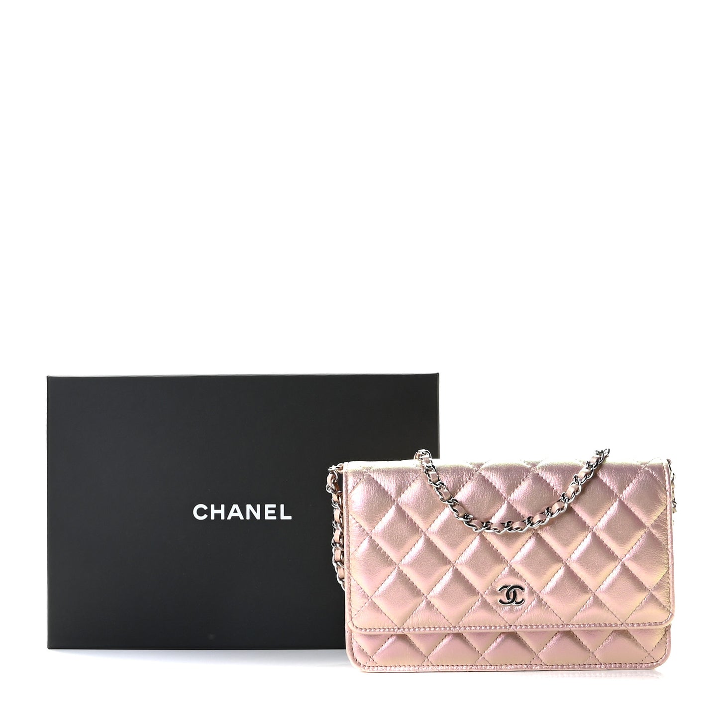 Iridescent Calfskin Quilted Wallet On Chain WOC Pink