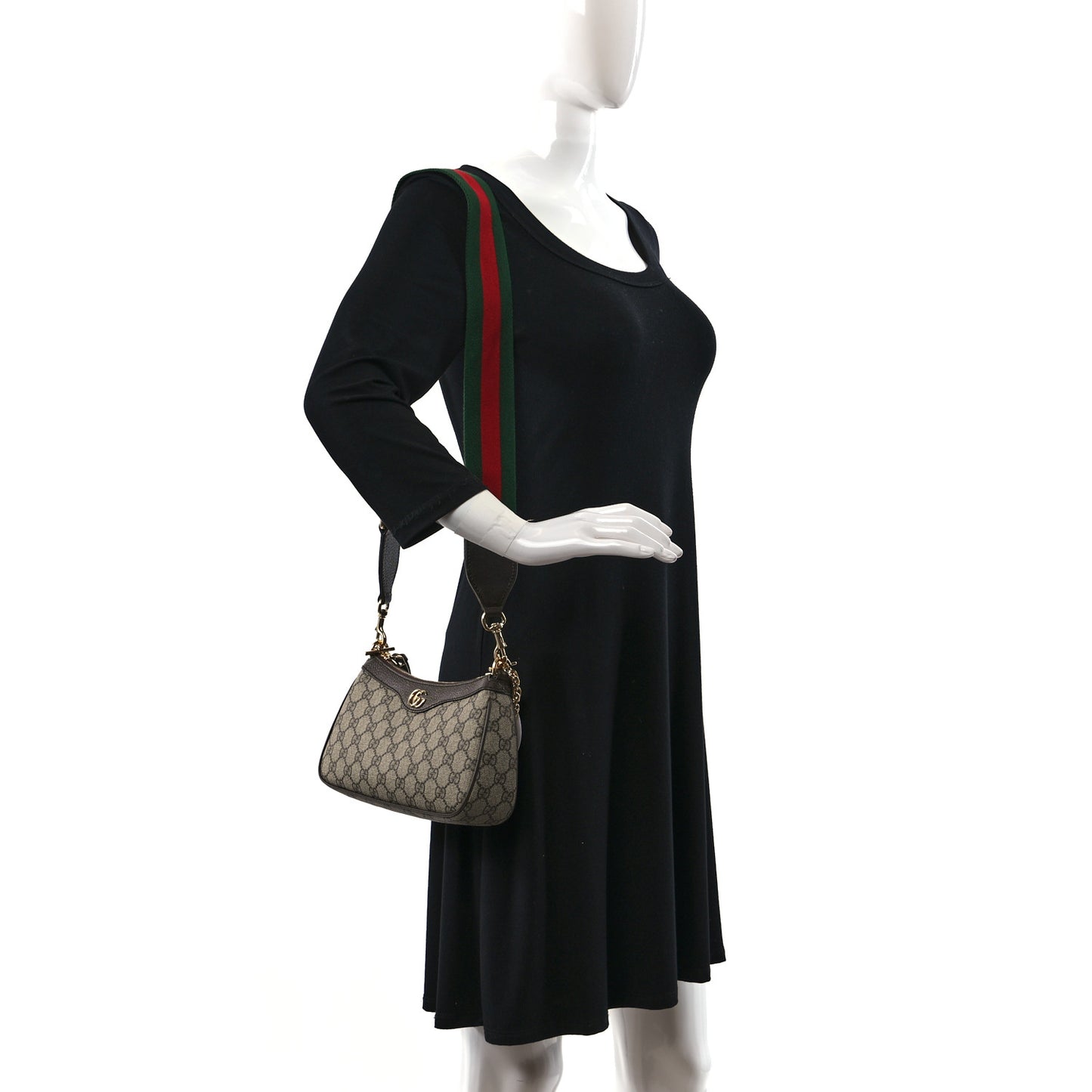 GG Supreme Monogram Textured Dollar Calfskin Web Small Ophidia GG Handbag Beige Ebony New Acero